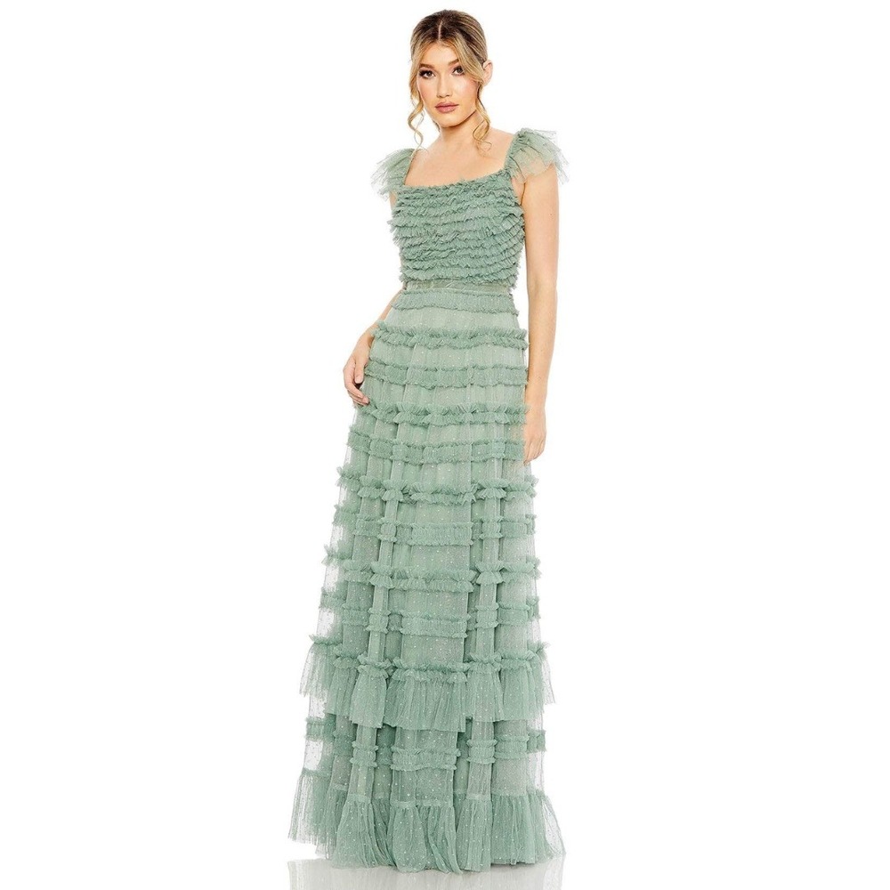 $898 Mac Duggal Size 16 Green Square Neck Ruffle Tiered Long Maxi Dress Gown